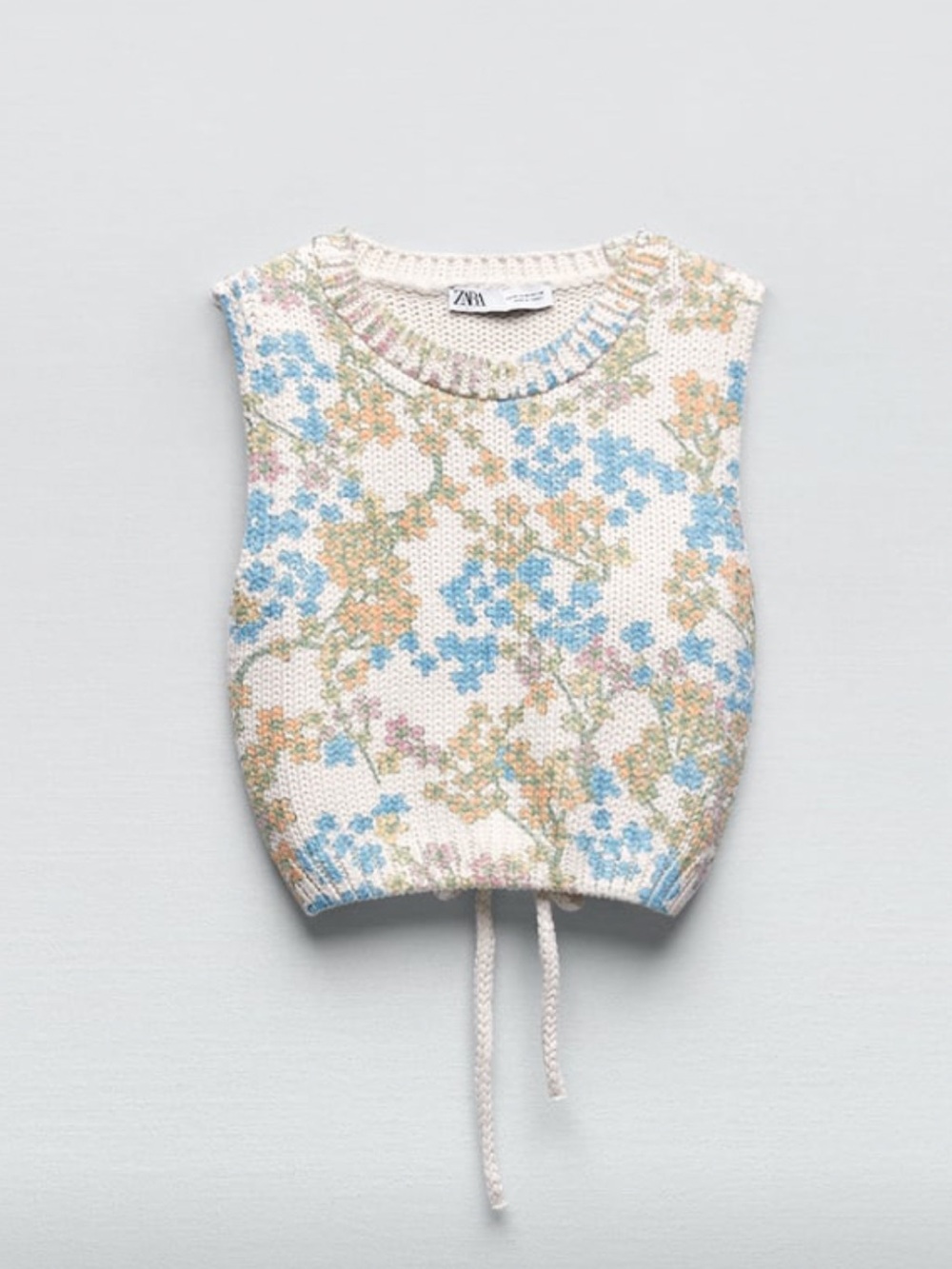 Zara Cream Floral Knit Tie-Front Crop Tank with Blue & Pink Flowers